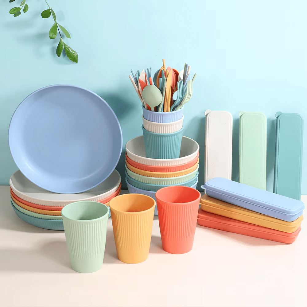 Complete collection of 24 pieces eco-friendly wheat straw tableware set in pastel colors