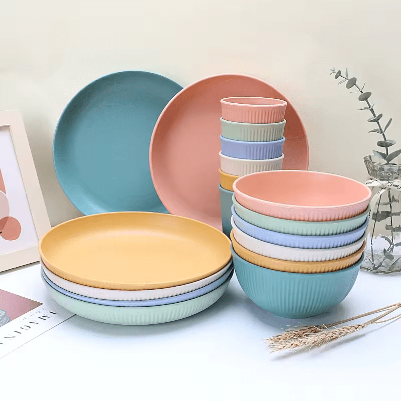 Complete collection of 24 pieces eco-friendly wheat straw tableware set in pastel colors