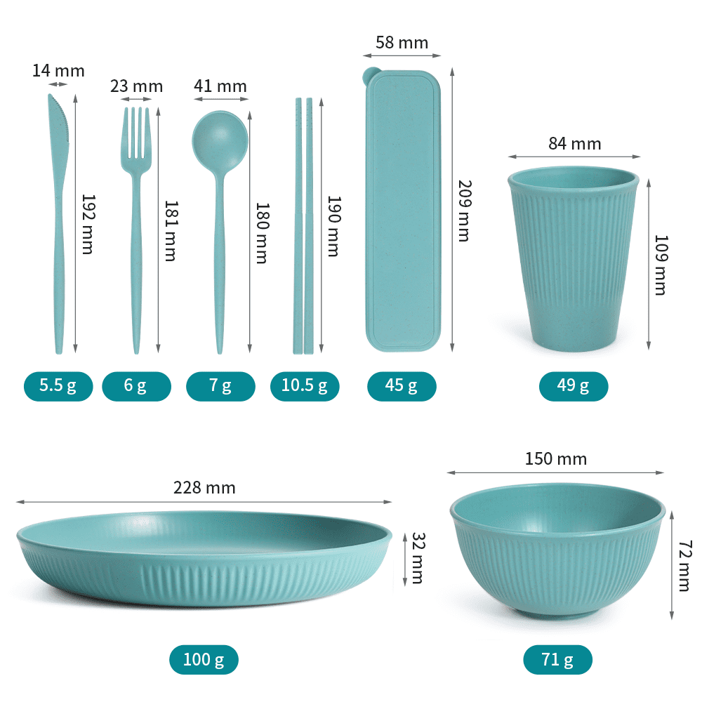 Complete collection of 24 pieces eco-friendly wheat straw tableware set in pastel colors