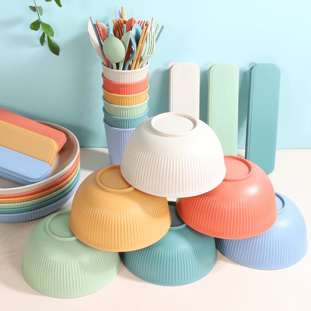 Complete collection of 24 pieces eco-friendly wheat straw tableware set in pastel colors