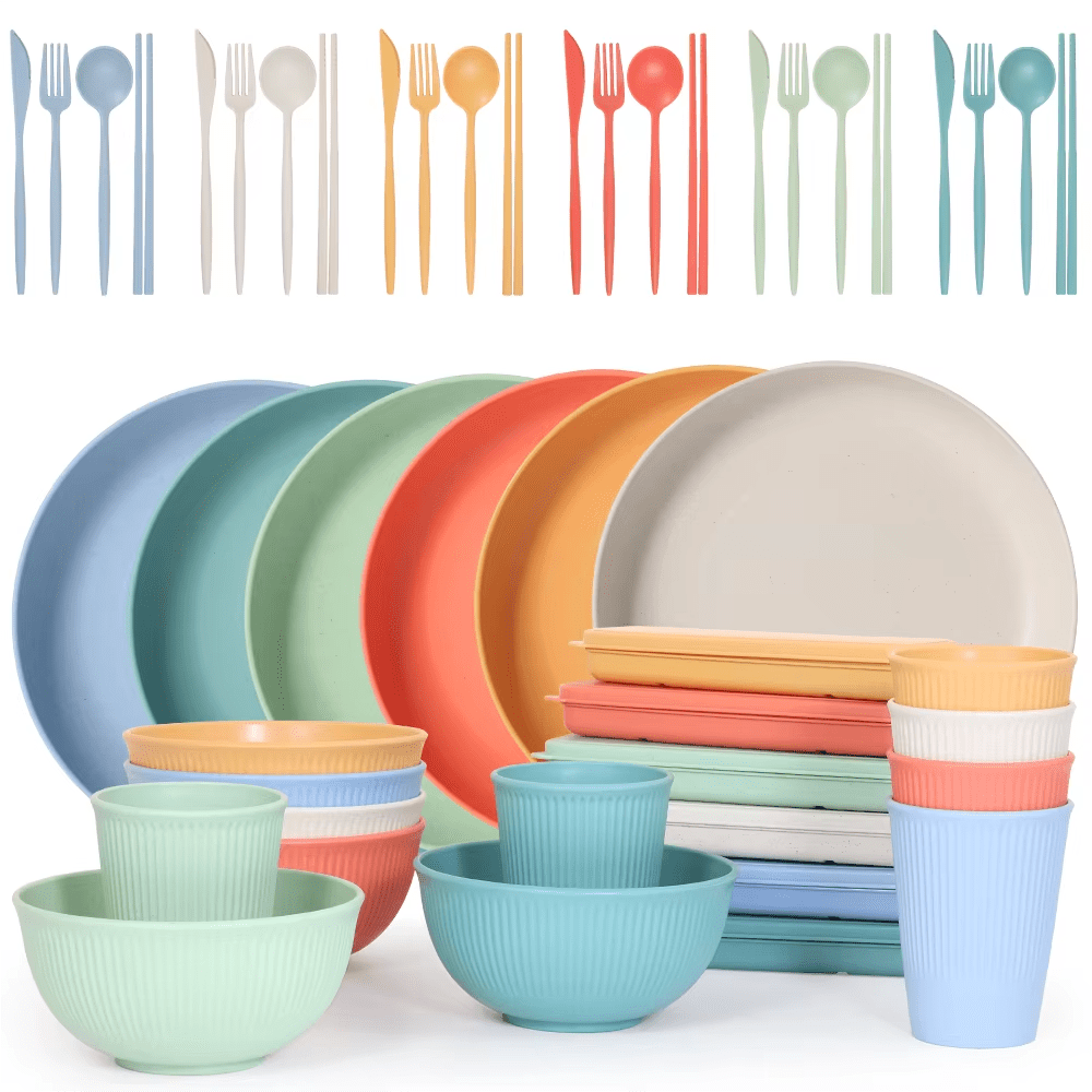 Complete collection of 24 pieces eco-friendly wheat straw tableware set in pastel colors